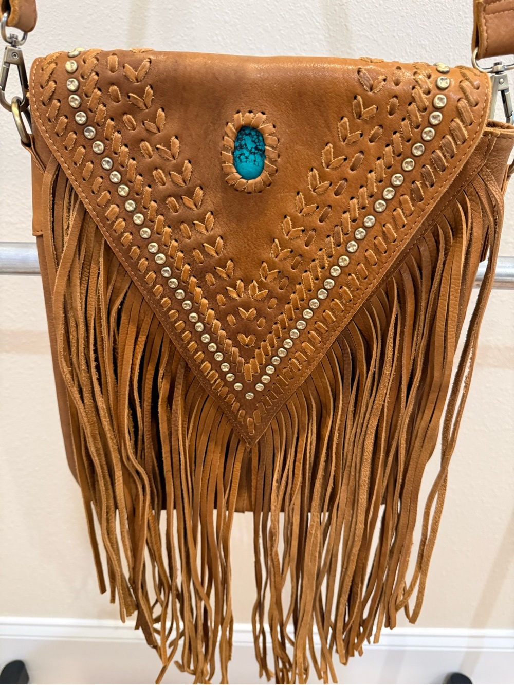 American Darling Leather Tan Fringe Crossbody with Turquoise Stone